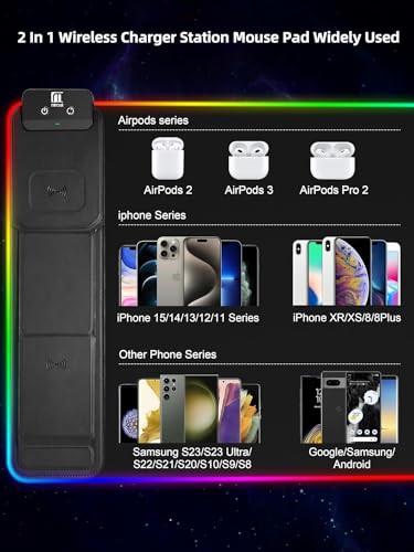 XXL Mouse Pad with Phone Holder - Black, RGB Desk Mat with 15W Fast Charging, LED Gaming Mousepad with 11 Light Colors, Waterproof Non-Slip Pad for Office & Home - color: Black