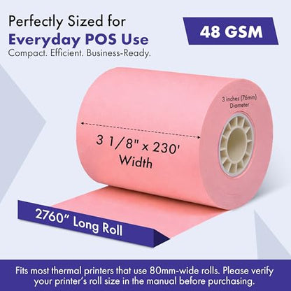 3 1/8"" x 230' Thermal Paper Receipt Rolls 50 ROLLS BPA and BPS Free, Phenol-Free Clover Receipt Paper Roll, 48 GSM Thick POS Printer Paper, Credit Card & Machine Rolls, Recyclable Core (Pink) - size: 3 1/8" x 230' (Pink)