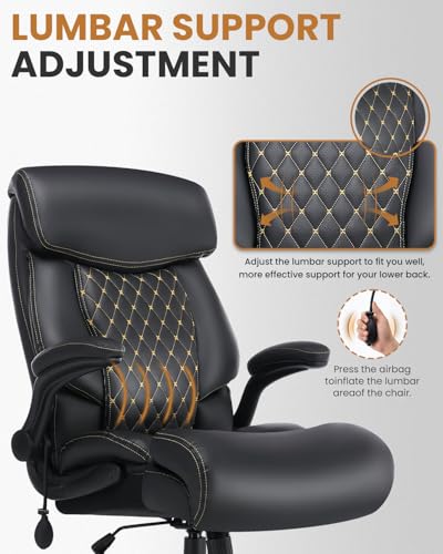 550LBS Big and Tall Office Chair for Heavy People,Ergonomic Office Chair with Padded Flip-Up Arms and Adjustable Lumbar Support,High Back Executive Leather Desk Chair with Rocking Function