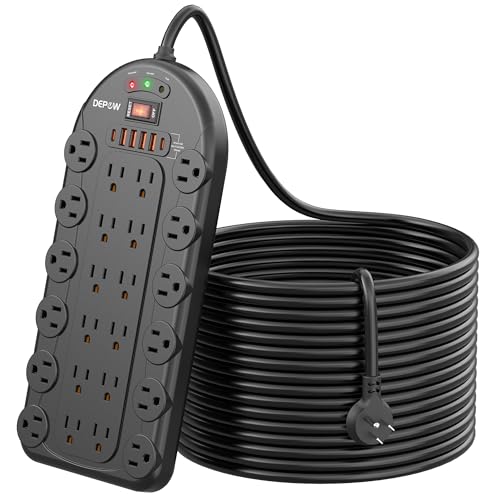 20 FT Long Extension Cord, Surge Protector Power Strip with 24 Outlet 6 USB | ETL Listed, 3400 Joules, Heavy Duty, 1875W/15A, Flat Plug , Wide Spaced, Mountable for Garage Workshop & Workbench, Black - size: 20 FT