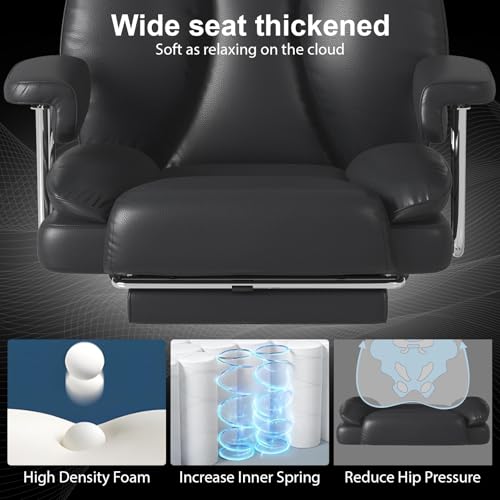 Big and Tall Office Chair, Executive Home Office Desk Chair, Comfy Leather High-Back Reclining Computer Chair with Retractable Footrest and Padded Arms, 360°Swivel Rolling Wheels, Wide Seat, Black - color: Black