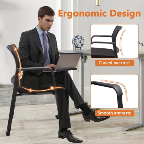 CLATINA Black Waiting Room Chair with Wheels Mesh Back Stacking Arm Chairs with Upholstered Fabric Seat and Ergonomic Lumbar Support for Office School Church Guest Reception, Set of 2