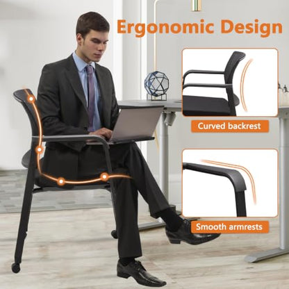 CLATINA Black Waiting Room Chair with Wheels Mesh Back Stacking Arm Chairs with Upholstered Fabric Seat and Ergonomic Lumbar Support for Office School Church Guest Reception, Set of 2