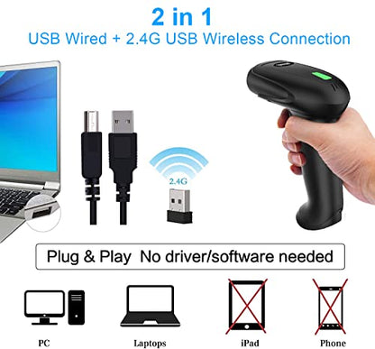USB Wireless Barcode Scanner with Stand,Symcode Barcode Scanner Versatile 2-in-1 (2.4Ghz Wireless+USB 2.0 Wired) Rechargeable Cordless 1D Barcode Reader Handheld Bar Code Scanner