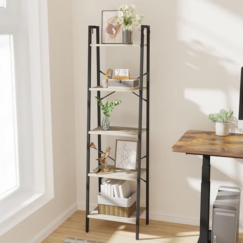 Hzuaneri Ladder Shelf, Bookshelf, Freestanding Corner Storage Shelf | Bookcase with 2 Hooks for Office, Living Room, Kitchen, Bedroom, Industrial, 11.8"D x 17.3"W x 63"H, Greige BC19205B - color: Greige, size: 11.8"D x 17.3"W x 63"H