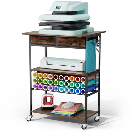 Homsorout Movable Heat Press Table with Drawer & Hooks, 23.6''×19.6'' - style: Black and Brown