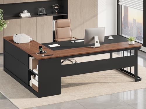 UPOSOJA 71" Executive Desk, Large Office Desk with Drawers & Storage Shelves, Modern L Shaped Computer Desk Corner Desk with Power Outlets, File Cabinet, Business Furniture Desk Workstation (Walnut) - color: Walnut, size: 71"