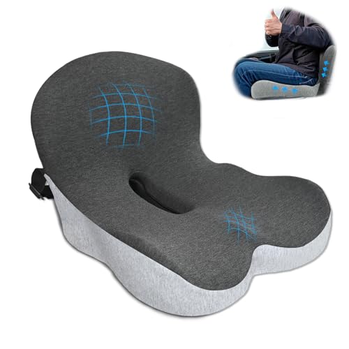 Memory Foam Seat Cushion,Office Chair Cushion with Lumbar Support for Back Pressure Relief, Car Seat Cushion with Adjustable Strap,Sciatica Pad Cushions for Car,Truck, Desk,Gaming Chair - color: Black Grey