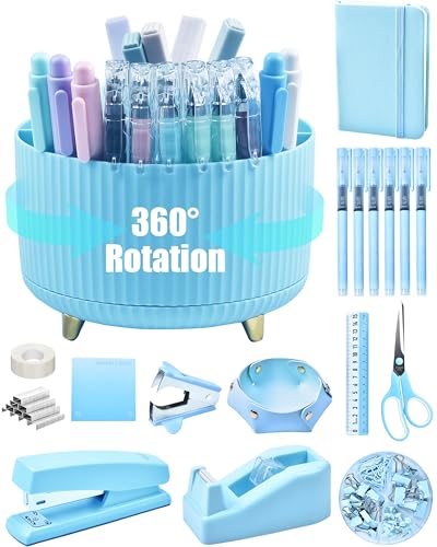 Blue Desk Accessories, 20Pc Office Supplies and 360°Pen Holder Desk Organizers, with Tape Dispenser, Stapler, Staple Remover, Ect, Let the Color Blue Fill Your Desktop - color: Blue