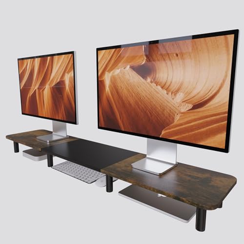 43.7" Extra Long Dual Monitor Stand Riser, Wood & Steel Monitor Stand for 2 Monitors, Wide TV Stand, Desktop Riser for Desk Organization, Home Office、Laptop,Printer,TV (Vintage black) - color: Vintage black