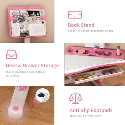Kids Adjustable Desk and Chair Set 3-12, Children School Study Desk-11PINK | Height Adjustable | 50° Tilt Desktop | Book Stand & Metal Hook & Storage Drawer | Writing Drawing Table for Boys and Girls - color: 110-pink-27.5in