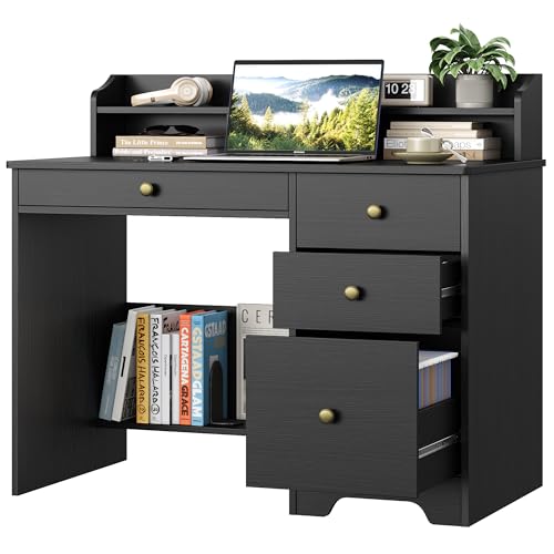 TTVIEW Computer Desk with Drawers and Hutch Shelf, Wood Executive Desk Writing Study Table with 43” Wide Tabletop, Small Desk with File Drawer for Home Office Bedroom, Black - color: Black