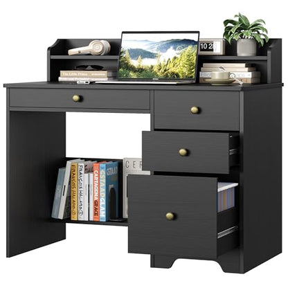 TTVIEW Computer Desk with Drawers and Hutch Shelf, Wood Executive Desk Writing Study Table with 43” Wide Tabletop, Small Desk with File Drawer for Home Office Bedroom, Black - color: Black