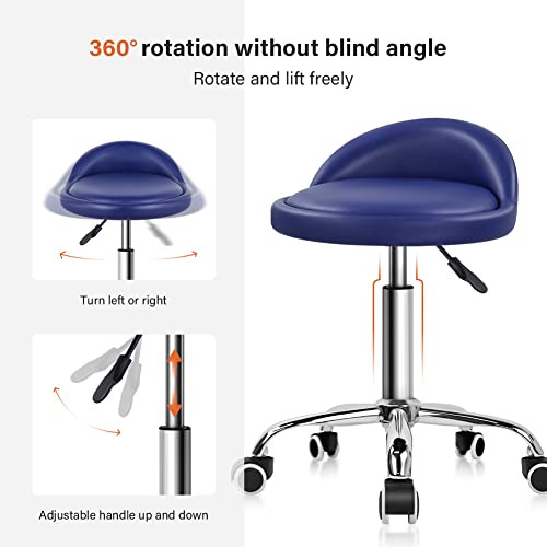KKTONER PU Leather Round Rolling Stool with Back Rest Height Adjustable Swivel Drafting Work SPA Task Chair with Wheels (Blue) - color: Blue