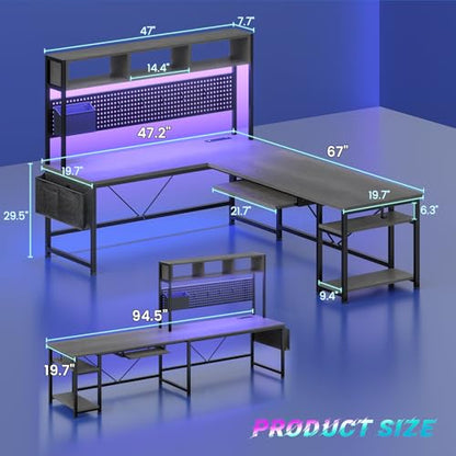 SEDETA L Shaped Office Desk with Hutch, Reversible 94.5" Computer Desk | L Shaped Gaming Desk with LED Light, Keyboard Tray, Storage Shelves and Headphone Hook for Home Office, Grey - color: Grey With Power Outlet and Pegboard