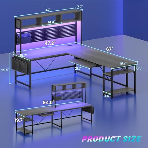 SEDETA L Shaped Office Desk with Hutch, Reversible 94.5" Computer Desk | L Shaped Gaming Desk with LED Light, Keyboard Tray, Storage Shelves and Headphone Hook for Home Office, Grey - color: Grey With Power Outlet and Pegboard