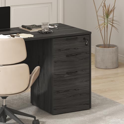 Furinno Roger File Cabinet, 3-Drawer Fixed Pedestal Filing Cabinet with Lock, Soft-Close Drawers with Drawer Organizer, for Home Office, Coastal Grey - color: Coastal Grey, size: 3-Tier Pedestal Drawer Only