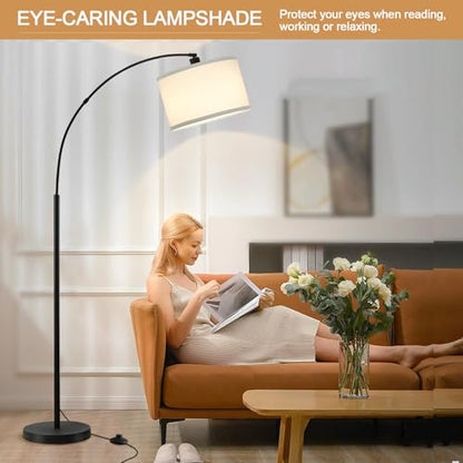 Luvkczc 71" Arc Floor Lamp for Living Room with Adjustable Lamp Head, Black Pole Lamp with White Shade, Standing Lamp with Foot Switch, Over Couch Arched Reading Light for Bedroom, Office, Study Room - color: Black,white