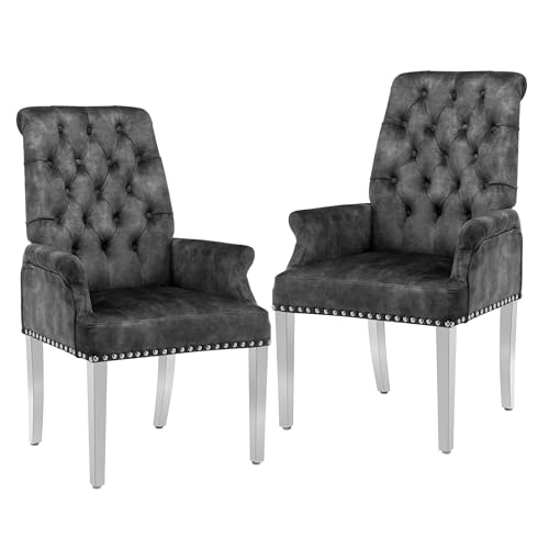 LOULENS Velvet Dining Chairs Set of 2, Dining Chairs with Arms, Dark Grey | Upholstered, High Back, Tufted, Luxurious, Stainless Steel Leg, for Kitchen & Dining Room - color: Dark Grey, size: 2 PCS