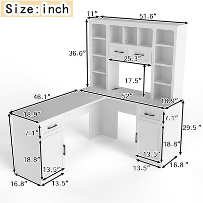 RuiSiSi L Shaped Offic Desk with Hutch and Drawers, Farmhouse Home Desk with Cabinets and Open Shelves, Wood Executive Desk for Study, Living Room, White - color: White, size: 65"L x 52"W x66.1"H