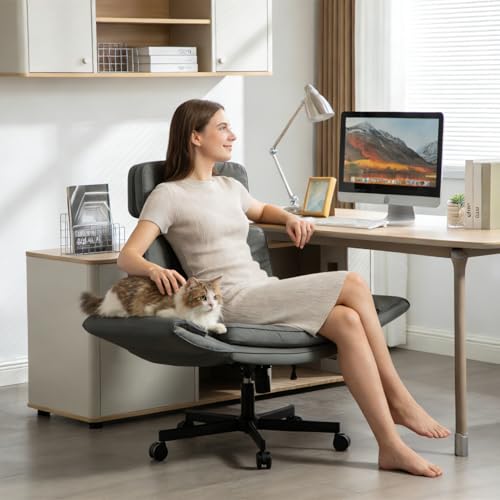 Criss Cross Chair with Wheels & Adjustable Armrests, High Back PU Leather Executive Desk Chair for Home Office, Comfy Cross Legged Wide Computer Task Chair, Gray - color: Grey