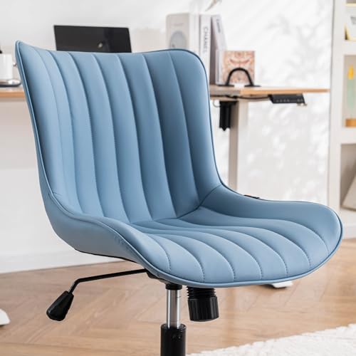 YOUNIKE Office Desk Chair with Wheels Armless Vanity Chair Modern Blue | Faux Leather Upholstered with Rocking Back, Swivel Height Adjustable Small Cute Computer Rolling Task Chair Ergonomic 300lb - color: Blue, size: Base Black