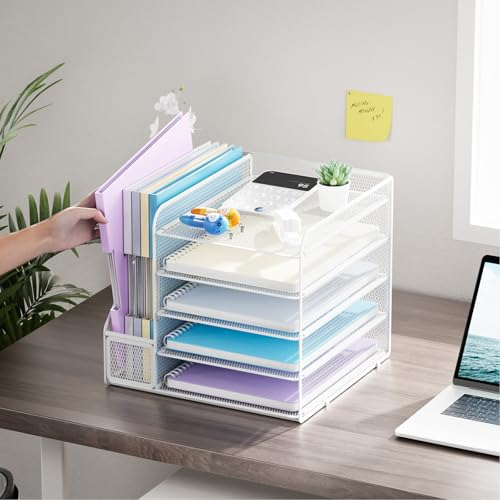 Marbrasse Desk Organizers and Accessories, 5-Tier Paper Letter Tray Organizer with File Holder, Mesh File Organizer, Office Desk Accessories & Organization for Supplies (White) - color: White
