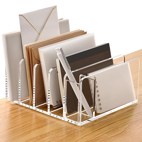 SANRUI Clear Acrylic Mail Organizer with 5 Compartments and 1 Pen Holder - size: 5 Slots with Pen Holder