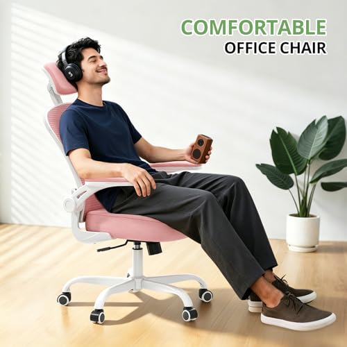 Office Chair Ergonomic Desk Chair, 330LBS Capacity, High Back Computer Design for Long Hours Comfort, Rolling Swivel Executive Task for Home Office with Flip-up Armrests, White Pink
