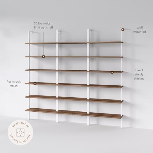 Nathan James Theo 6-Shelf Tall Bookcase, Wall Mount Bookshelf with Natural Wood Finish and Industrial Metal Frame, Rustic Oak/White, Set of 3 - color: Oak/Matte White, size: Set of 3