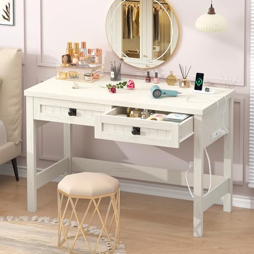 39 Inch Farmhouse Small Computer Desk with Drawers for Bedroom, Home Office - color: White