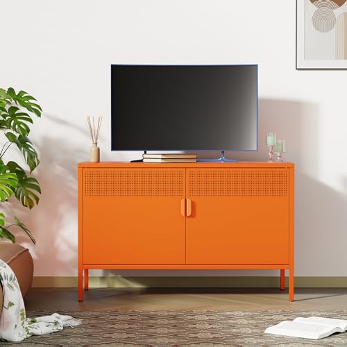 Ustamio Orange Wide Metal Locker Storage Cabinet, 2 Door Metal Accent Cabinet for Home and Office, 2 Tier Low Metal Cabinet with Doors and Shelf, Multipurpose Metal Tv Stand Cabinet - color: Orange, size: 25.2"H-Metal Doors