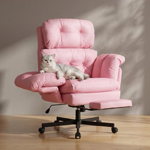 Criss Cross Office Chair with Foot Rest, Big and Tall Office Desk Chair with Flip Armrests for Pets & Cross Legged Sitting, Comfy Executive Ergonomic Reclining Computer Gaming Vanity Chair, Pink - color: Pink