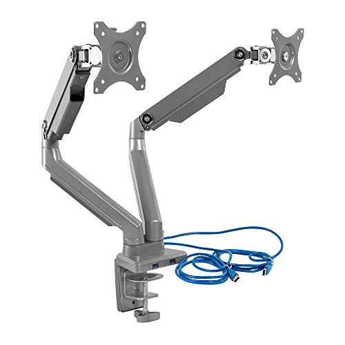 Mount-It! Dual Monitor Desk Mount with USB 3.0 Ports, Full Motion Dual Monitor Stand for 2 Screens up to 32 Inches, VESA 75x75 & 100x100, Clamp or Grommet Installation