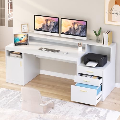 65" White Computer Desk with 3 Drawers & Printer Shelf for Home Office - color: White