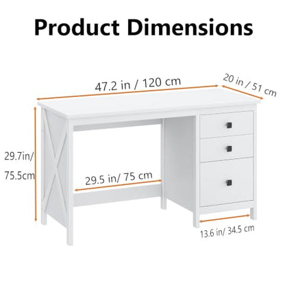 JSB 47.2 Inch White Computer Desk with 3 Drawers for Home Office Bedroom - color: White, size: 47.2in