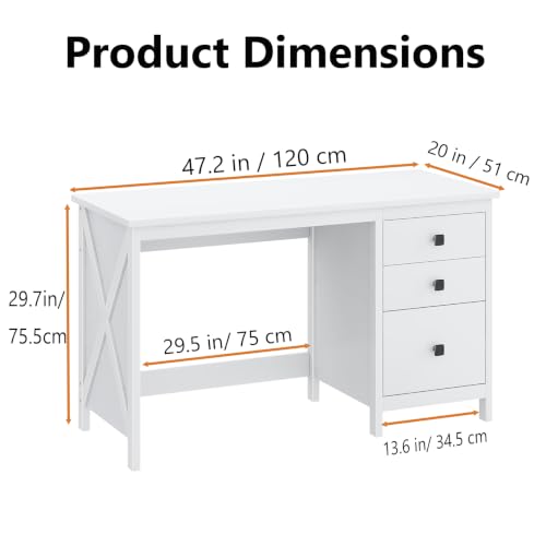 JSB 47.2 Inch White Computer Desk with 3 Drawers for Home Office Bedroom - color: White, size: 47.2in