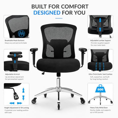 Big and Tall Office Chair 600lbs, Heavy Duty Ergonomic Mesh Chair, Computer Executive Desk Chair with Wide Thick Seat, Adjustable Armrests, Lumbar Support (Black, 600LBS) - size: 600LBS