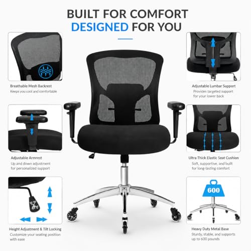 Big and Tall Office Chair 600lbs, Heavy Duty Ergonomic Mesh Chair, Computer Executive Desk Chair with Wide Thick Seat, Adjustable Armrests, Lumbar Support - size: 605LBS