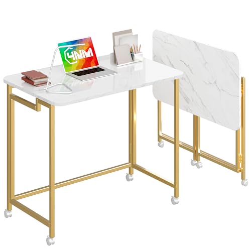 4NM 27.5" Mobile Small Rolling Computer Desk, Folding Laptop Cart Table with Wheels, Portable Office Desk for Small Space Couch Bed - White and Golden - color: White and Golden, size: 27.5"