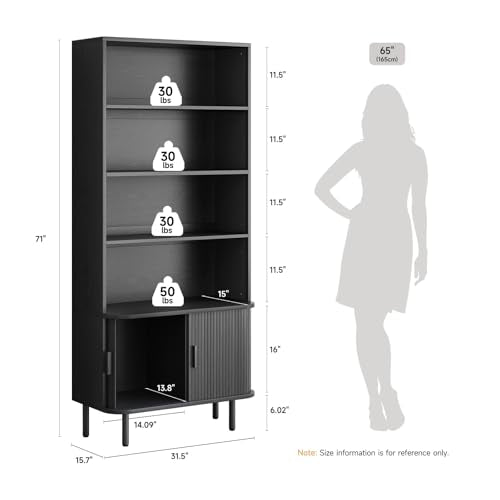 ONBRILL 71" Bookshelf with Sliding Door, Bookcase Storage Cabinet, Black - color: Black