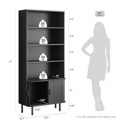 ONBRILL 71" Bookshelf with Sliding Door, Bookcase Storage Cabinet, Black - color: Black