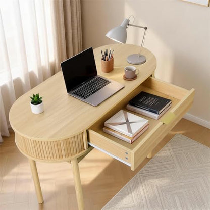 Fluted Small Computer Desk with Drawer, 40 Inch Mid-Century Modern Writing Desk with Solid Wood Legs,Compact Study Table for Small Spaces, Home Office, Bedroom,Natural - color: Natural