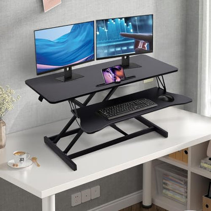 38-inch Standing Desk Converter Height Adjustable Sit to Stand Up Workstation, Duals Monitor and Laptop Riser with Wide Keyboard Tray, for Home, School, Company, Black - color: Black