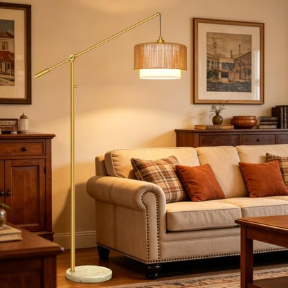 【Upgraded】Boho Dimmable Floor Lamp with Adjustable Swing Arm, 1100 Lumens Bulb Included, Modern Standing Lamp with Rattan & Fabric Shades, Tall Arc Floor Lamp for Living Room Bedroom, Gold, Heavy Base - color: Bohemian-Gold-Heavy Base