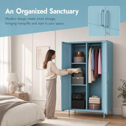 Lockable Metal Wardrobe Closet with Hanging Rod and 3 Adjustable Shelves,67" Metal Storage Cabinet with 2 Doors,Steel Armoire Wardrobe Closet for Bedroom Living Room Cloak Room (Blue) - color: Blue, style: 67"H-Wardrobe-DY