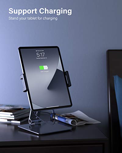 Maxonar iPad Stand Holder, Heavy-Duty Aluminum Alloy Tablet Stand, 360° Swivel Foldable iPad Pro Air Charging Stand Holder for Desk Bed Store POS Showcase Reception Kitchen Office (6-13''), Grey - color: Grey