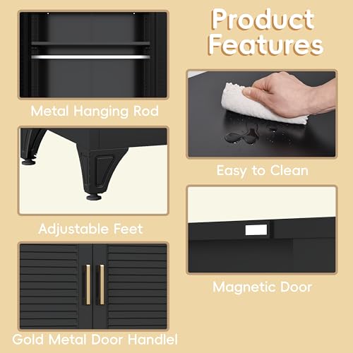 Steeloong 71"Armoire Wardrobe Close,Black Wardrobe Cabinet with Hanging Rod | Metal Closet Cabinet with Doors and Adjustable Shelves,Freestanding Clothing Storage Cabinets for Bedroom Office,Gym,Hospital - color: Black, style: 71"H Wardrobe