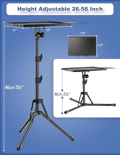 GSOW Projector Stand, Adjustable 26-56" Laptop Tripod with Carry Bag | sturdy foldable aluminum frame, anti-slip legs, holds 55lb, raised-edge tray, mouse tray, for office, home, stage, DJ