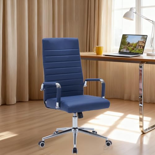Navy Blue Leather Ribbed Office High-Back Desk Conference Chair with Wheels | Ergonomic High-Back Executive Chairs with Wheels Adjustable Swivel Computer Task Desk Chair with Arms and Thick Padded Seat - color: Blue, size: High Back